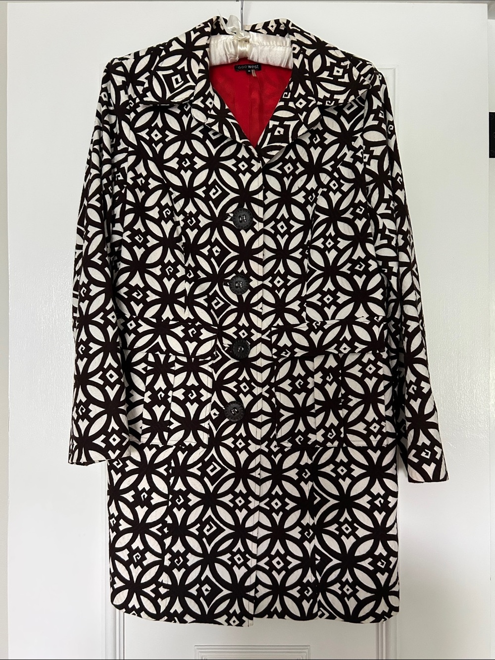 Geo-Print Black & White Pea Coat with Red Lining